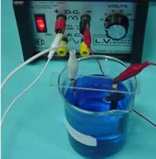 An electroplating set up. The key on the right will be coated with a layer of copper. Copper sulfate solution is placed in the  beaker. 
