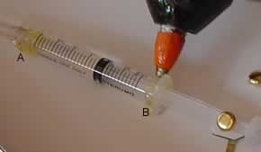 Glue the syringe at A and B